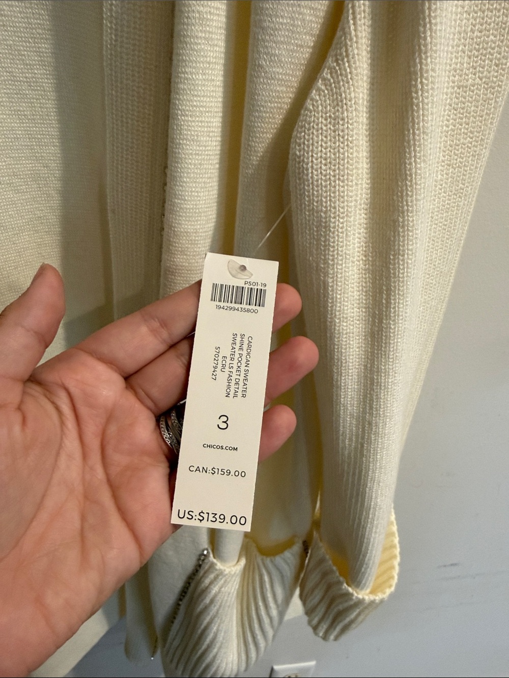 Chico's Cream Open-Front Cardigan with Ribbed Pockets - Picture 2 of 4